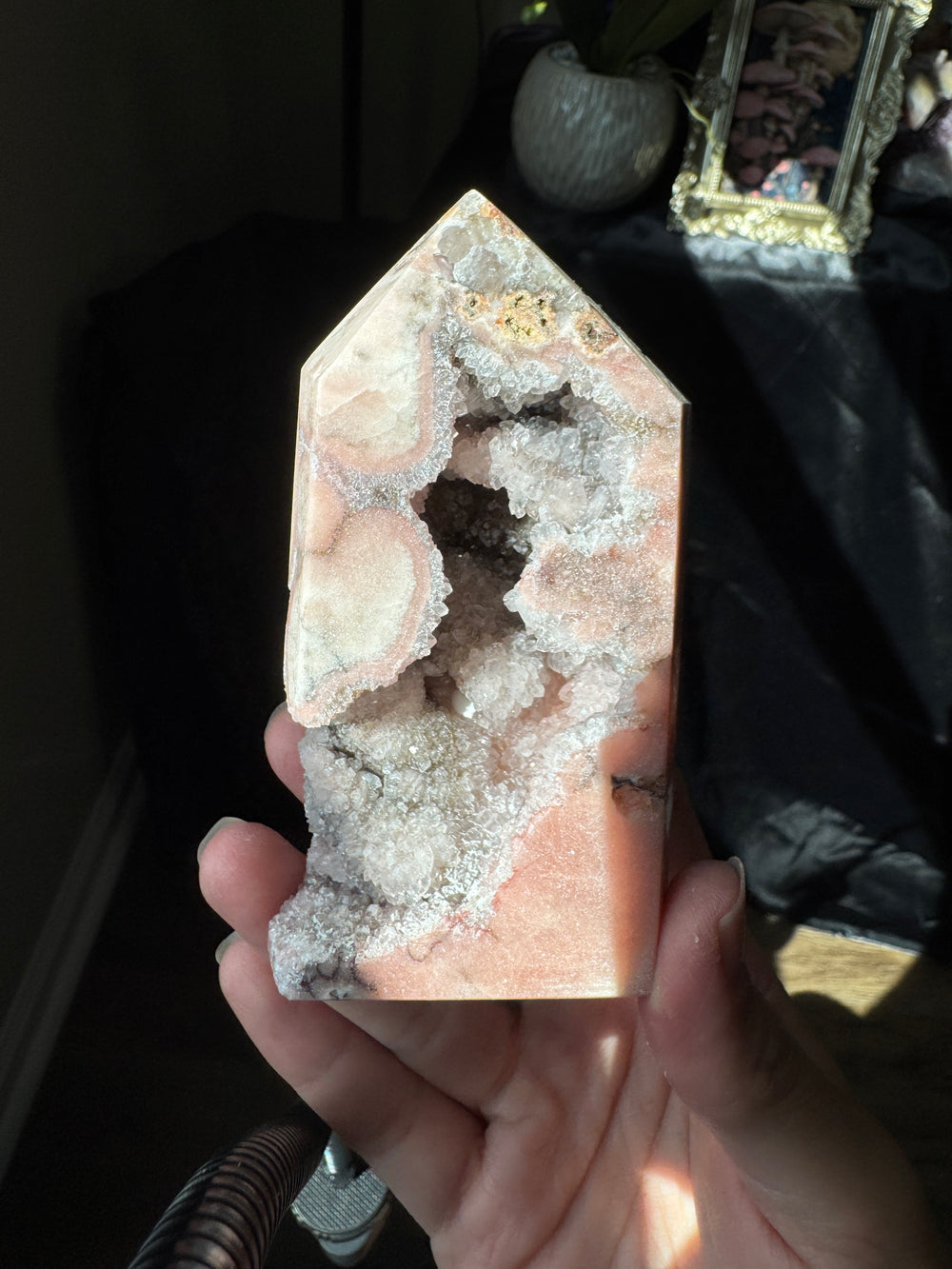 Pink Amethyst x Smoky Quartz Tower with Druzy pockets