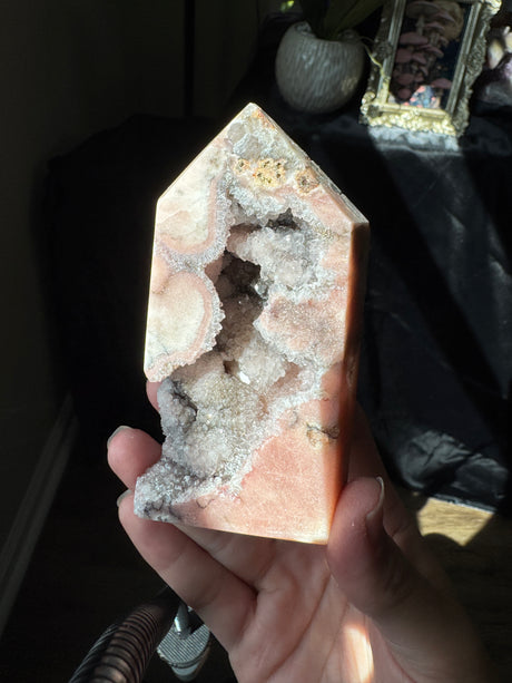 Pink Amethyst x Smoky Quartz Tower with Druzy pockets