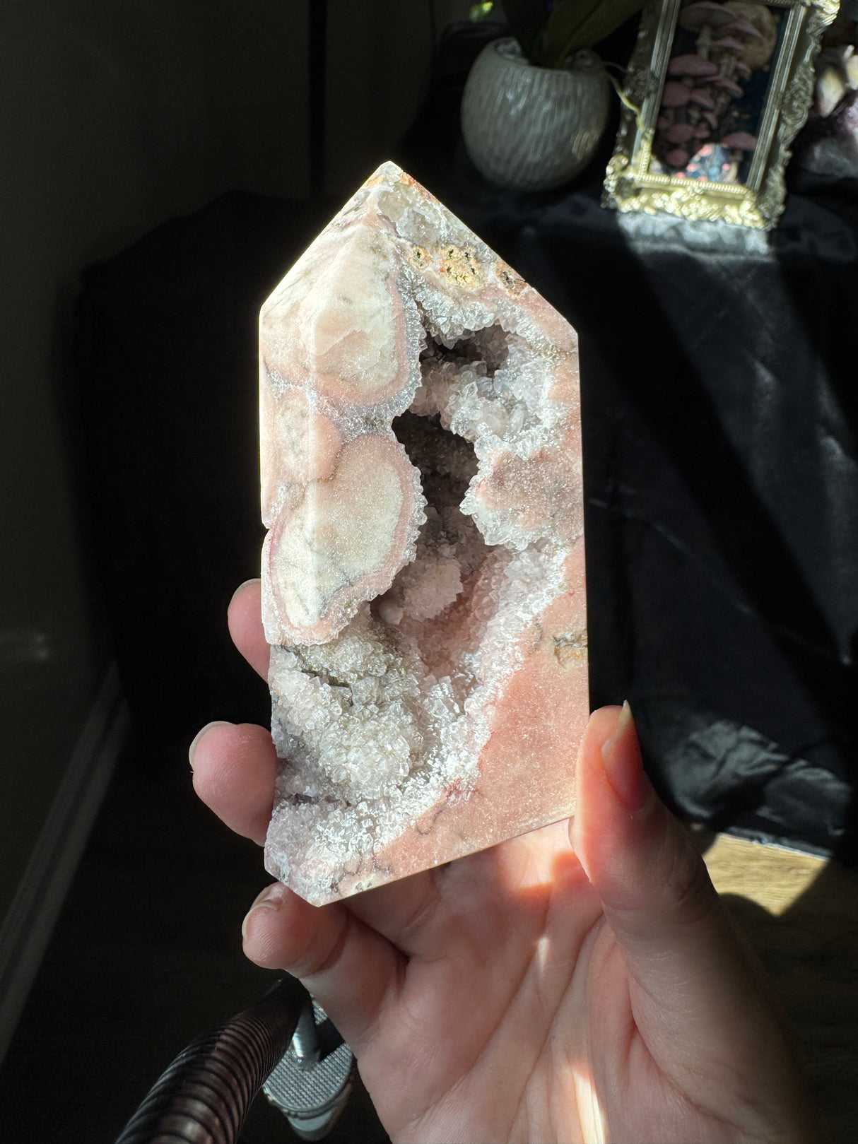 Pink Amethyst x Smoky Quartz Tower with Druzy pockets