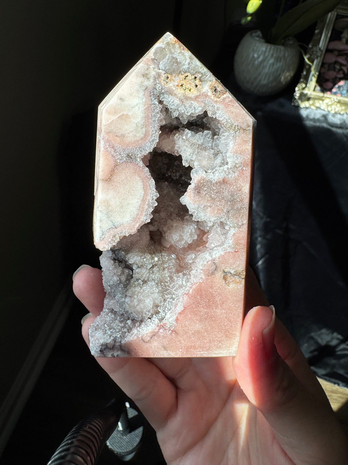 Pink Amethyst x Smoky Quartz Tower with Druzy pockets