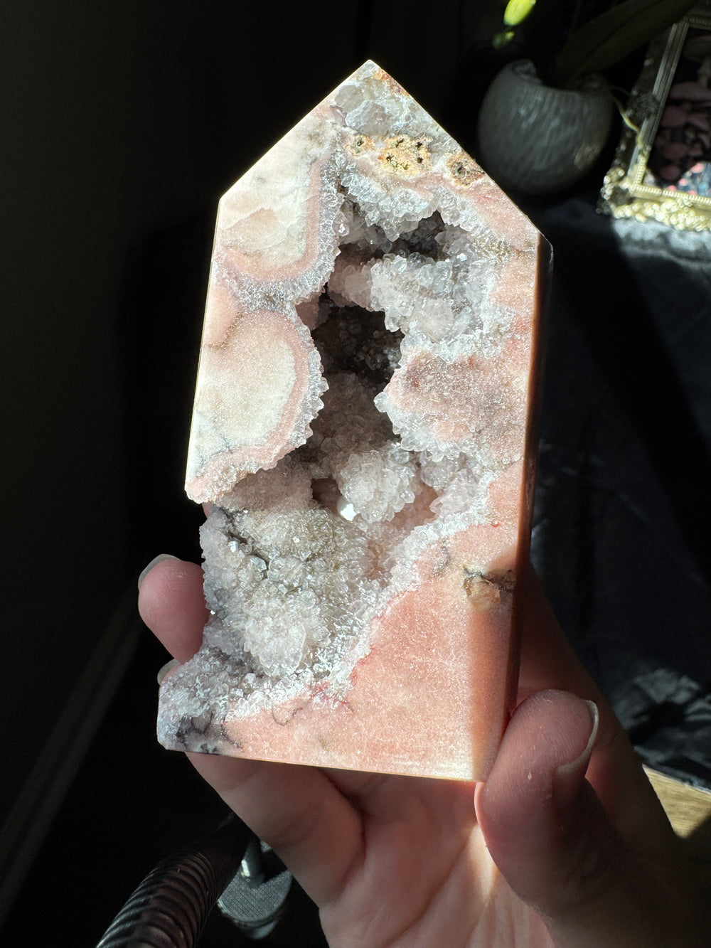 Pink Amethyst x Smoky Quartz Tower with Druzy pockets