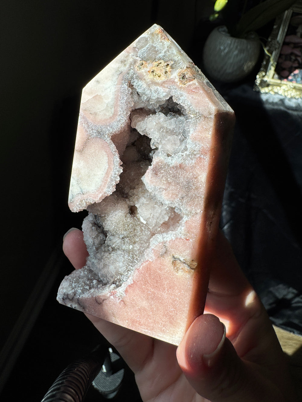 Pink Amethyst x Smoky Quartz Tower with Druzy pockets