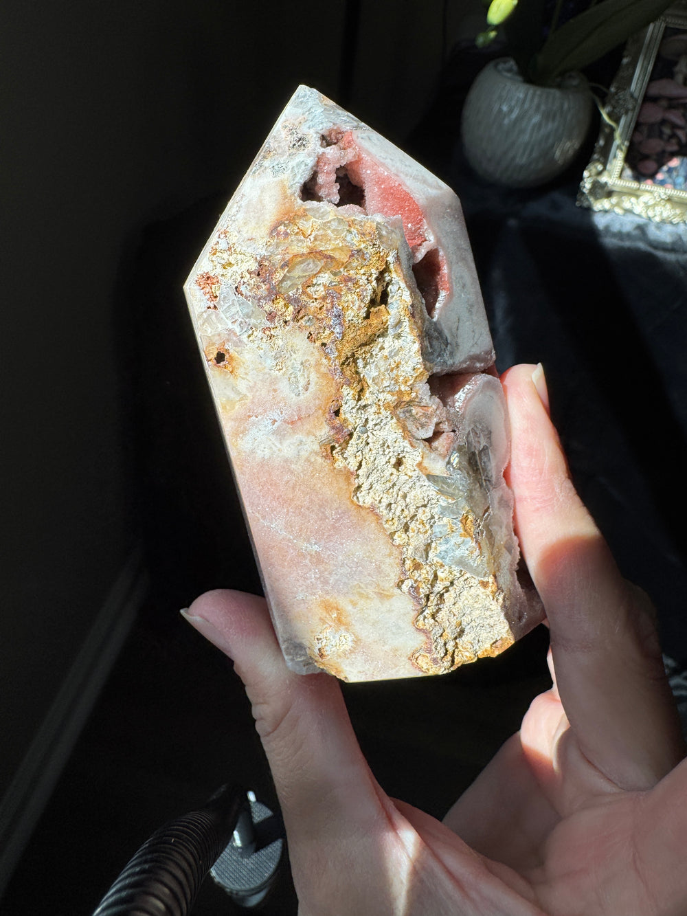 Pink Amethyst x Smoky Quartz Tower with Druzy pockets