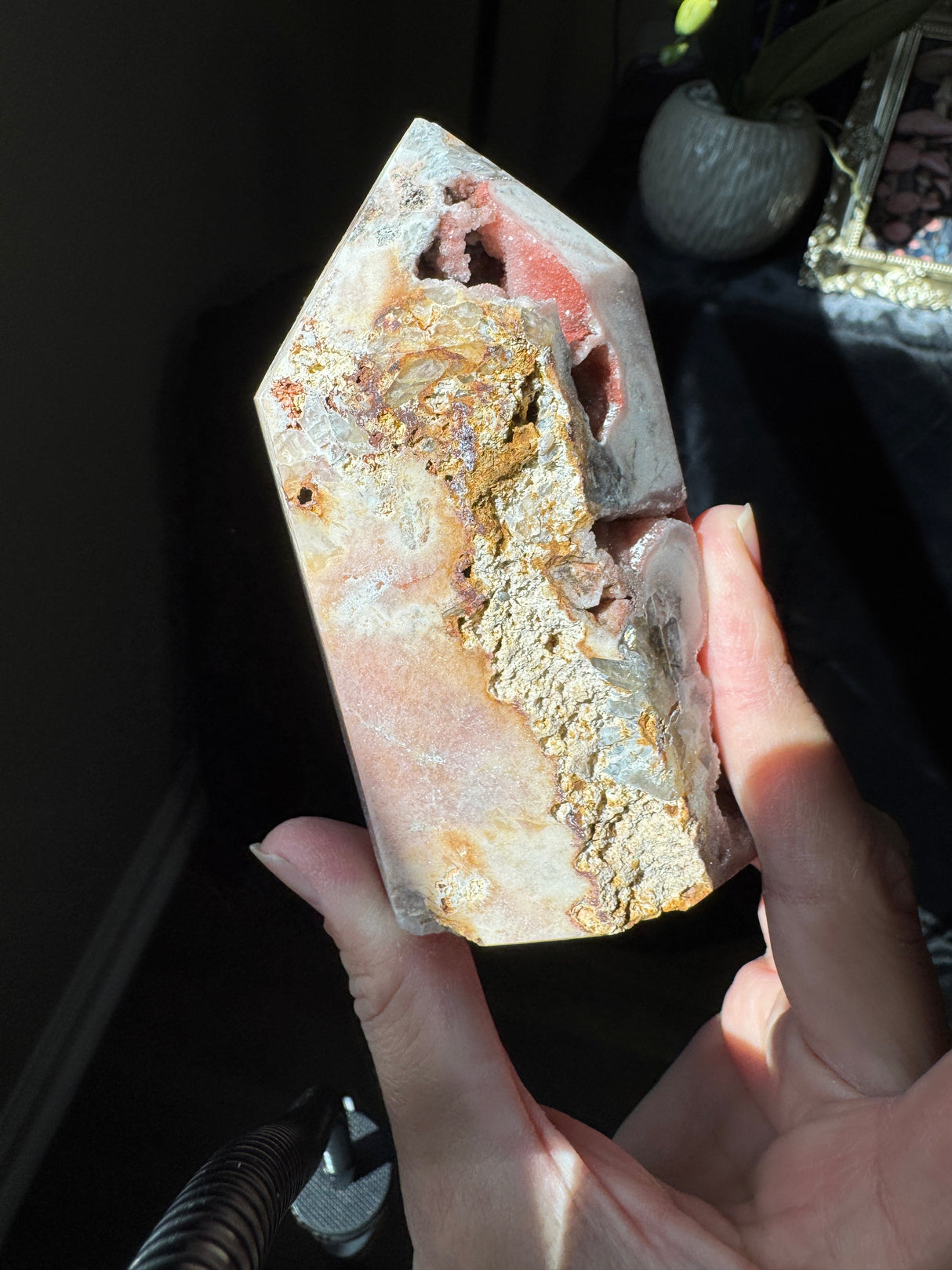 Pink Amethyst x Smoky Quartz Tower with Druzy pockets