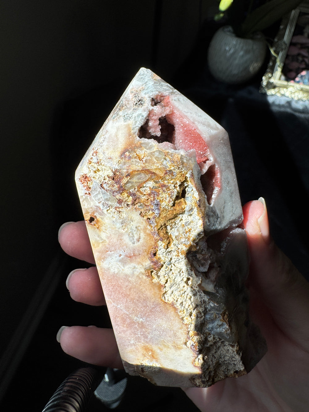 Pink Amethyst x Smoky Quartz Tower with Druzy pockets