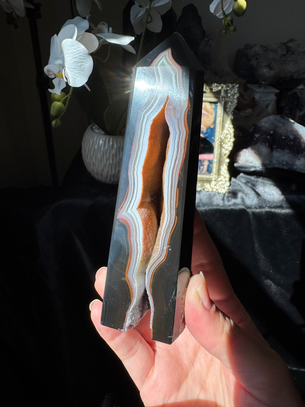 Druzy Black Agate Tower