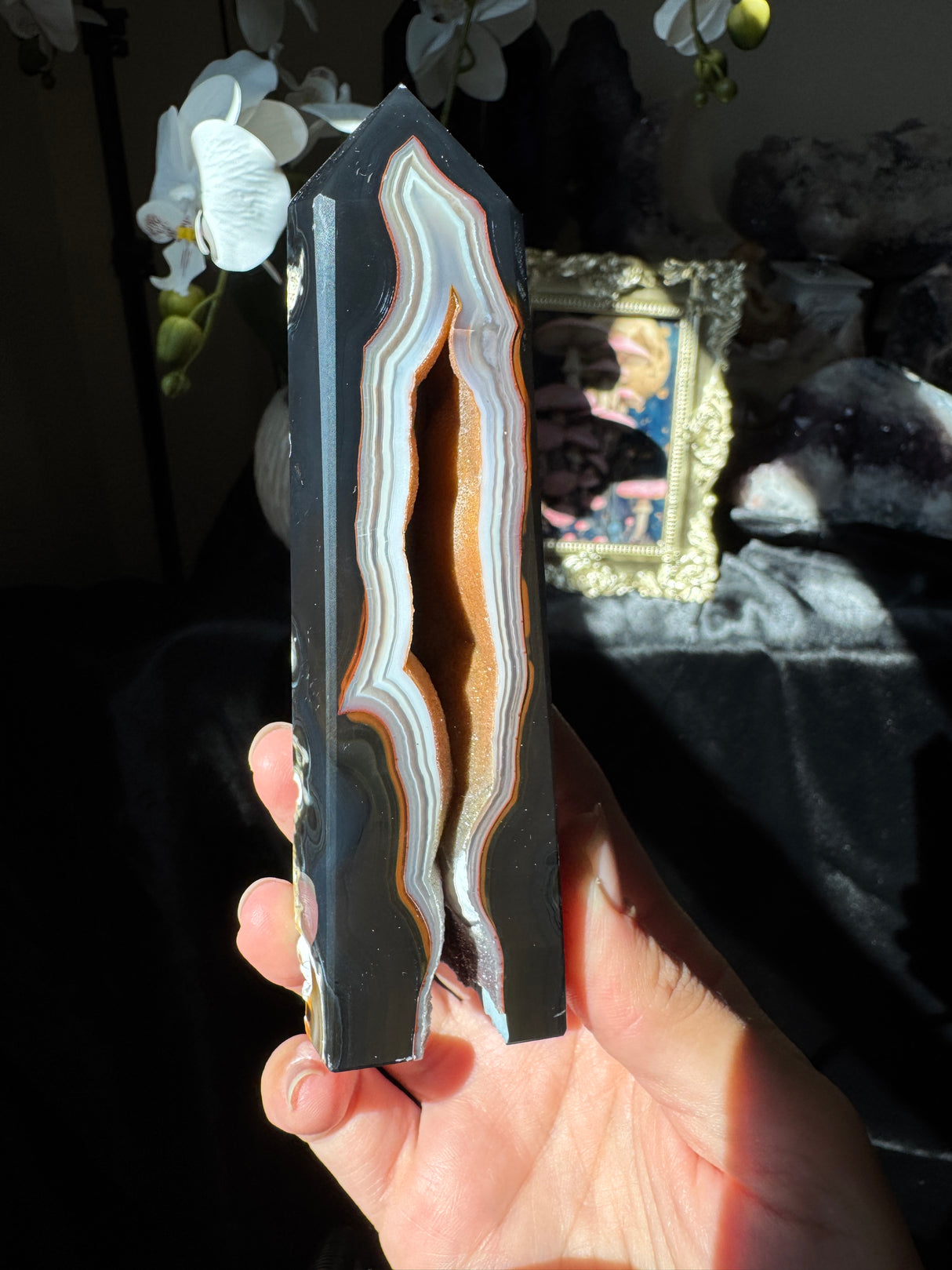 Druzy Black Agate Tower
