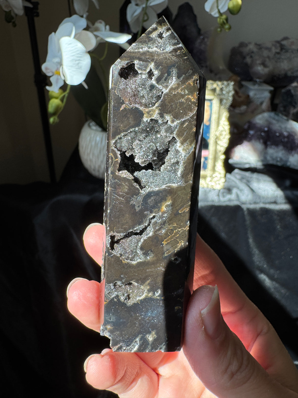 Druzy Black Agate Tower