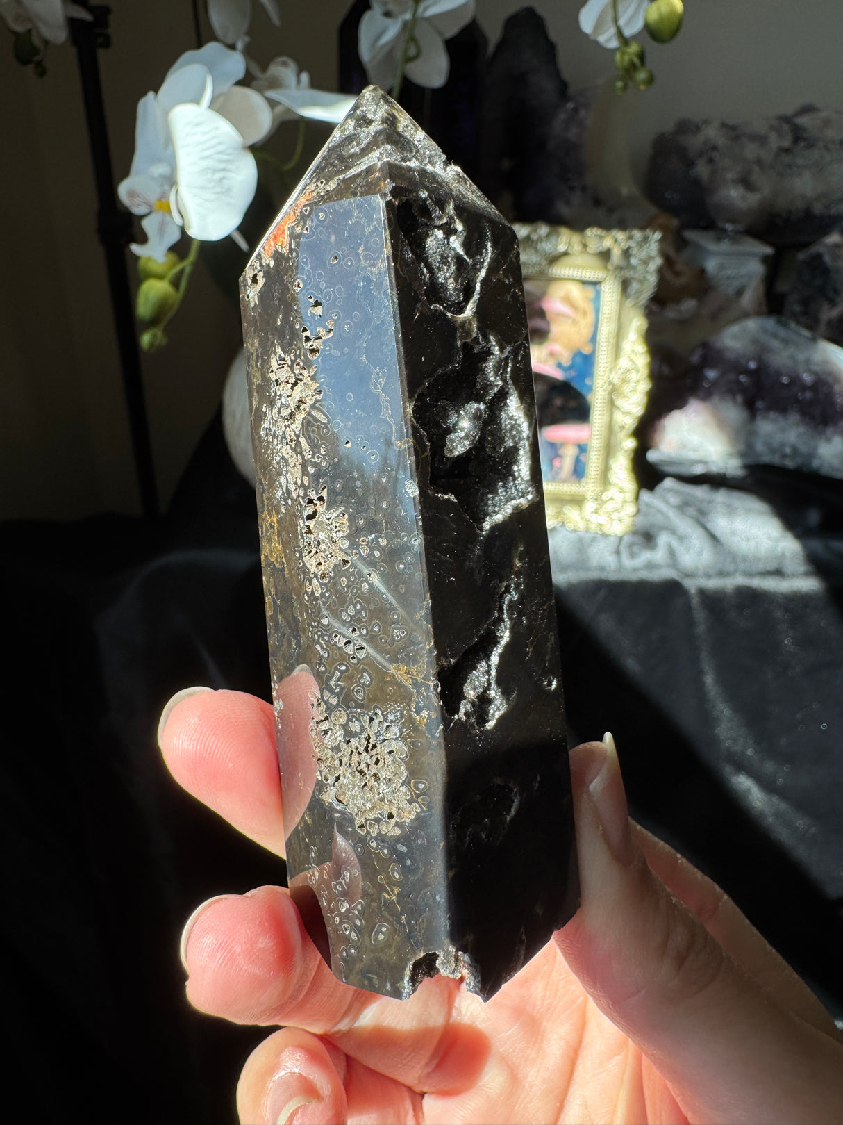 Druzy Black Agate Tower