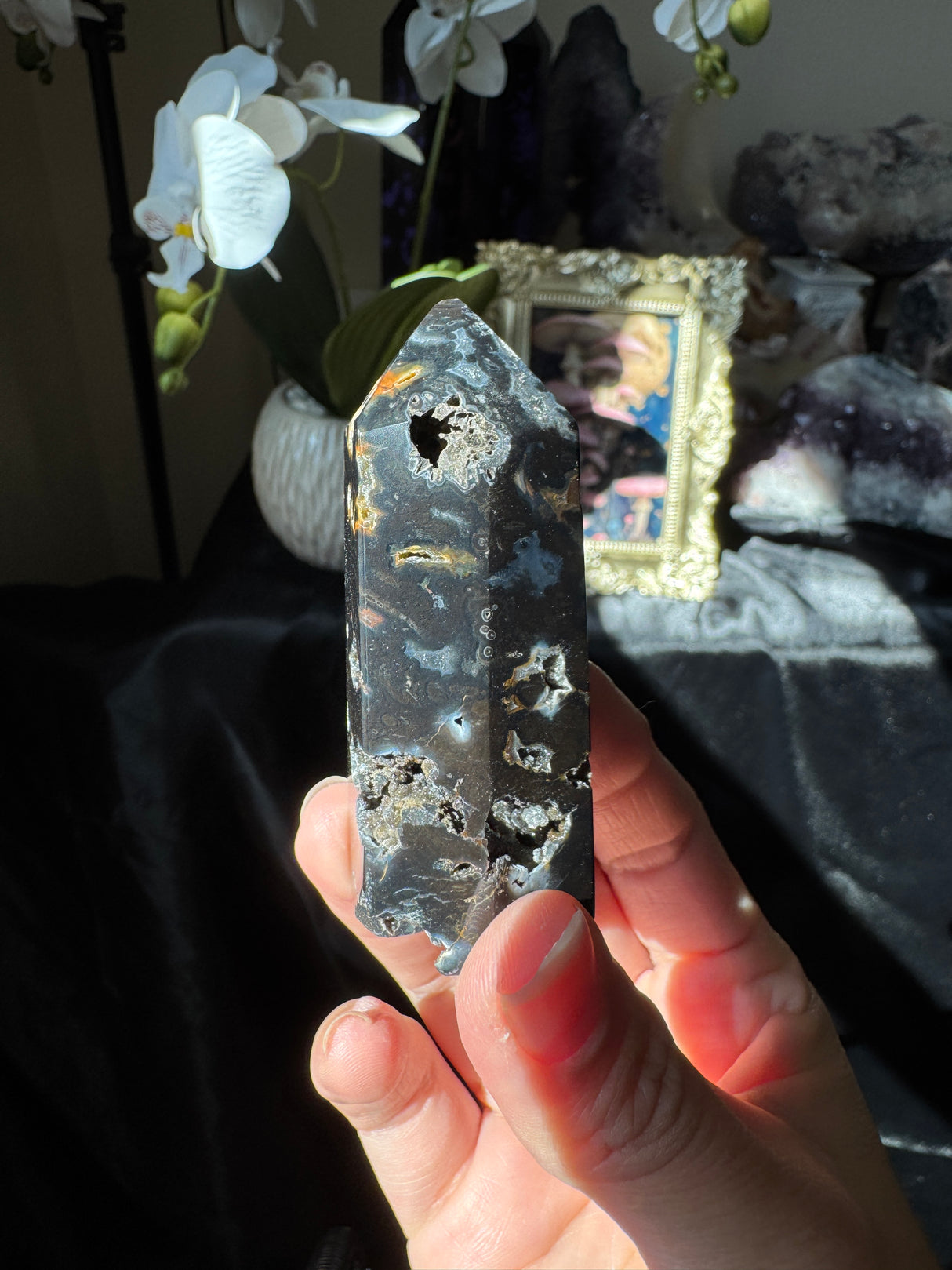 Druzy Black Agate Tower