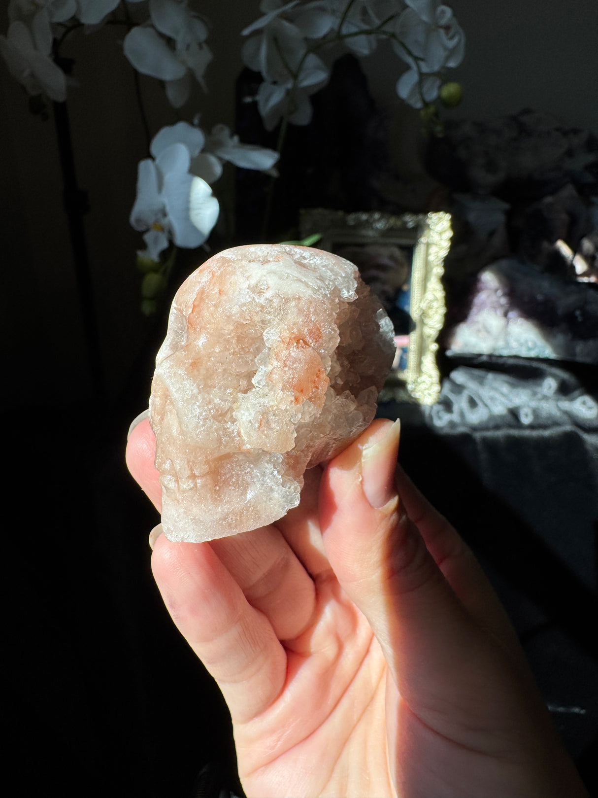 Mini Hand Carved Pink Amethyst Skull