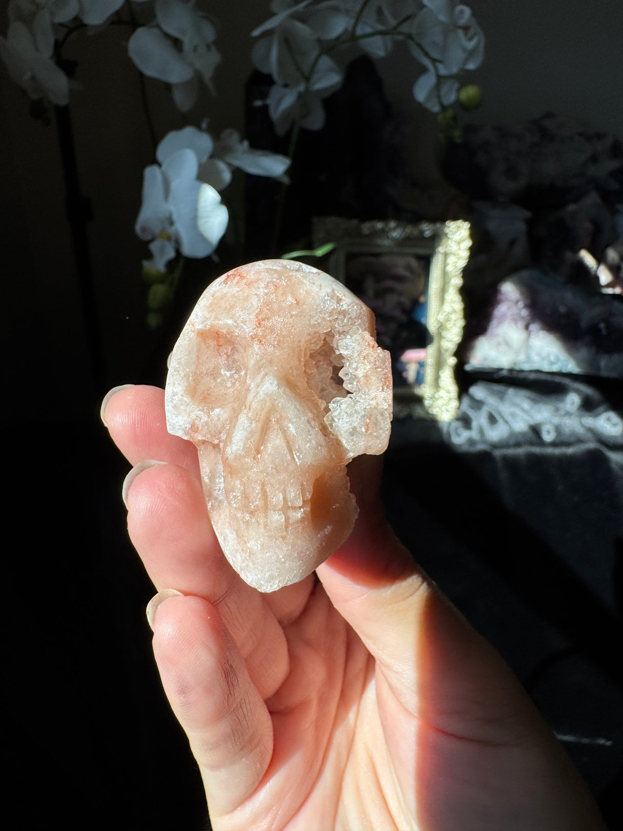 Mini Hand Carved Pink Amethyst Skull