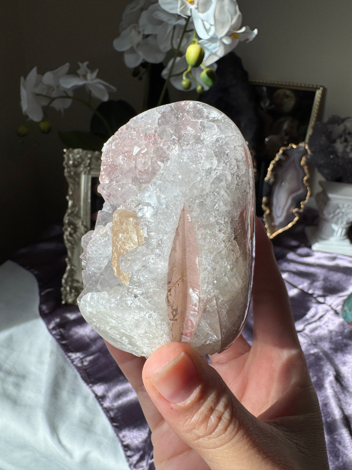 Pastel Pink Rainbow Amethyst Free Form with Calcite