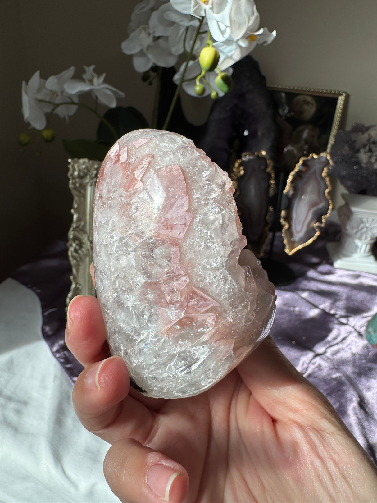 Pastel Pink Rainbow Amethyst Free Form with Calcite