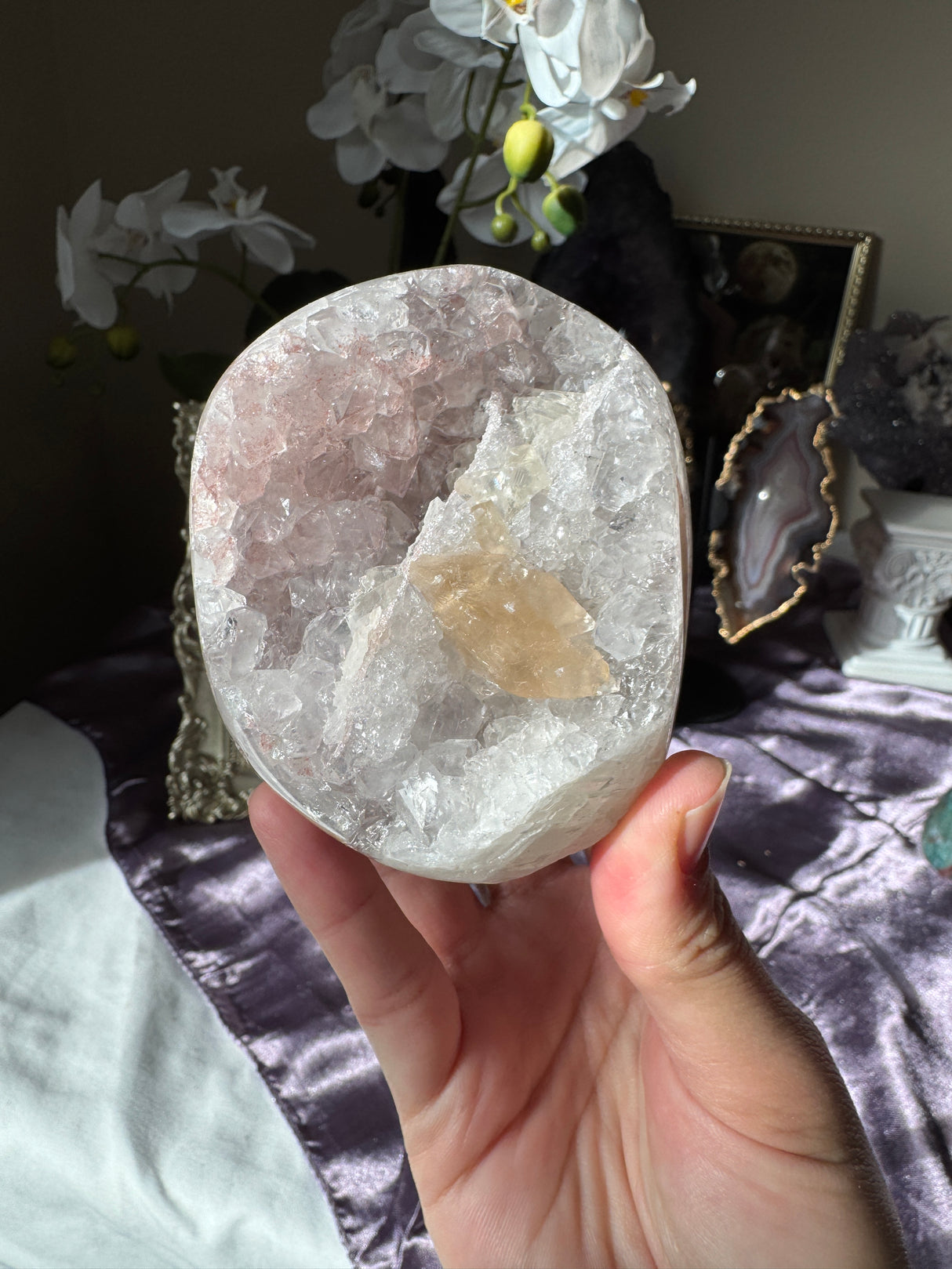 Pastel Pink Rainbow Amethyst Free Form with Calcite