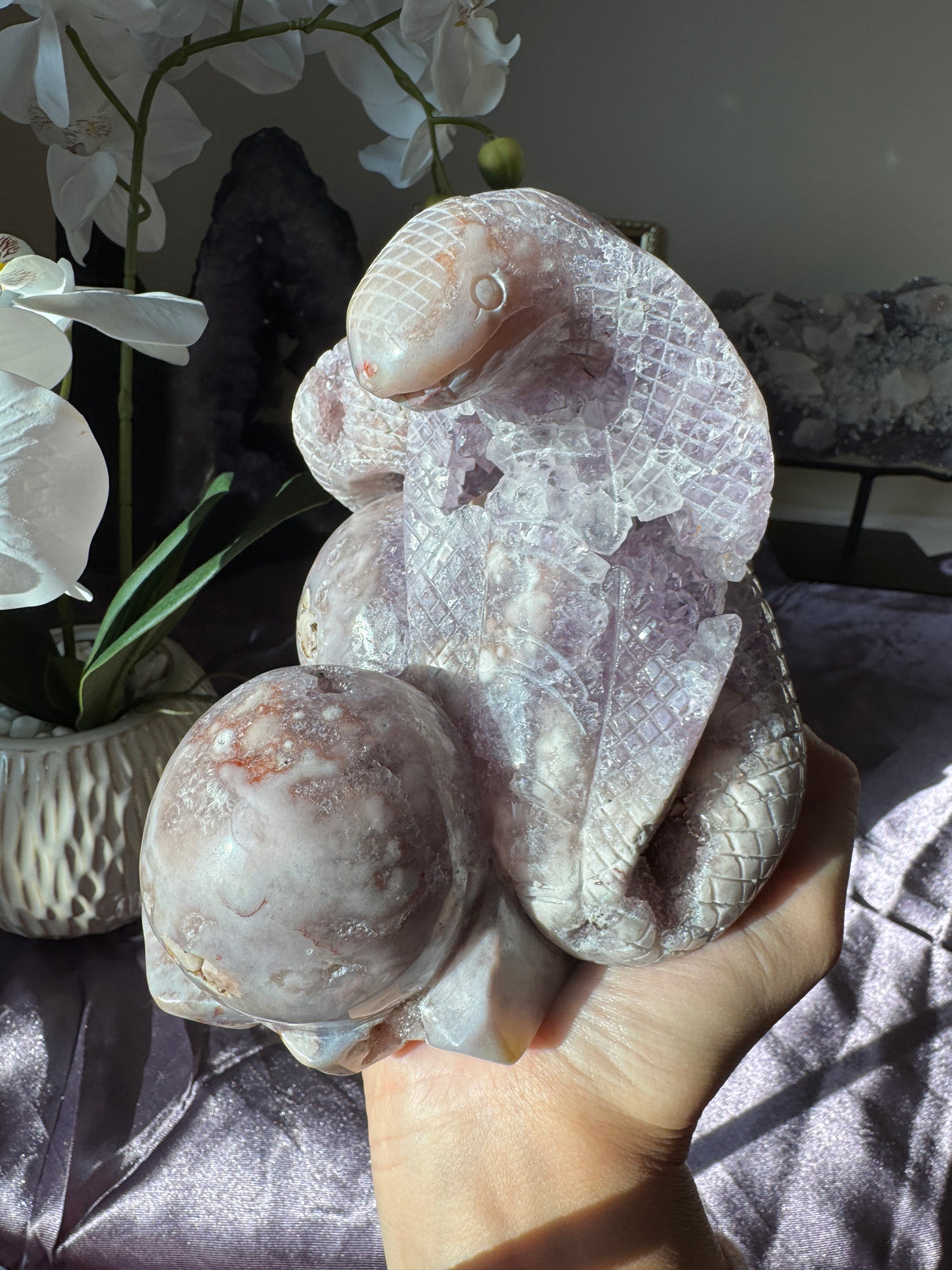 Flower Agate x Amethyst Snake Carving