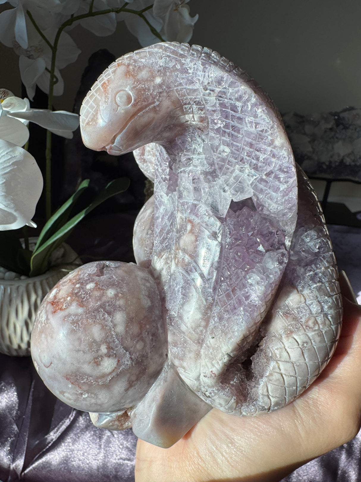 Flower Agate x Amethyst Snake Carving