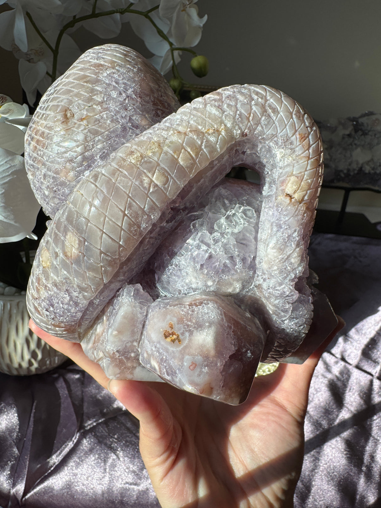 Flower Agate x Amethyst Snake Carving