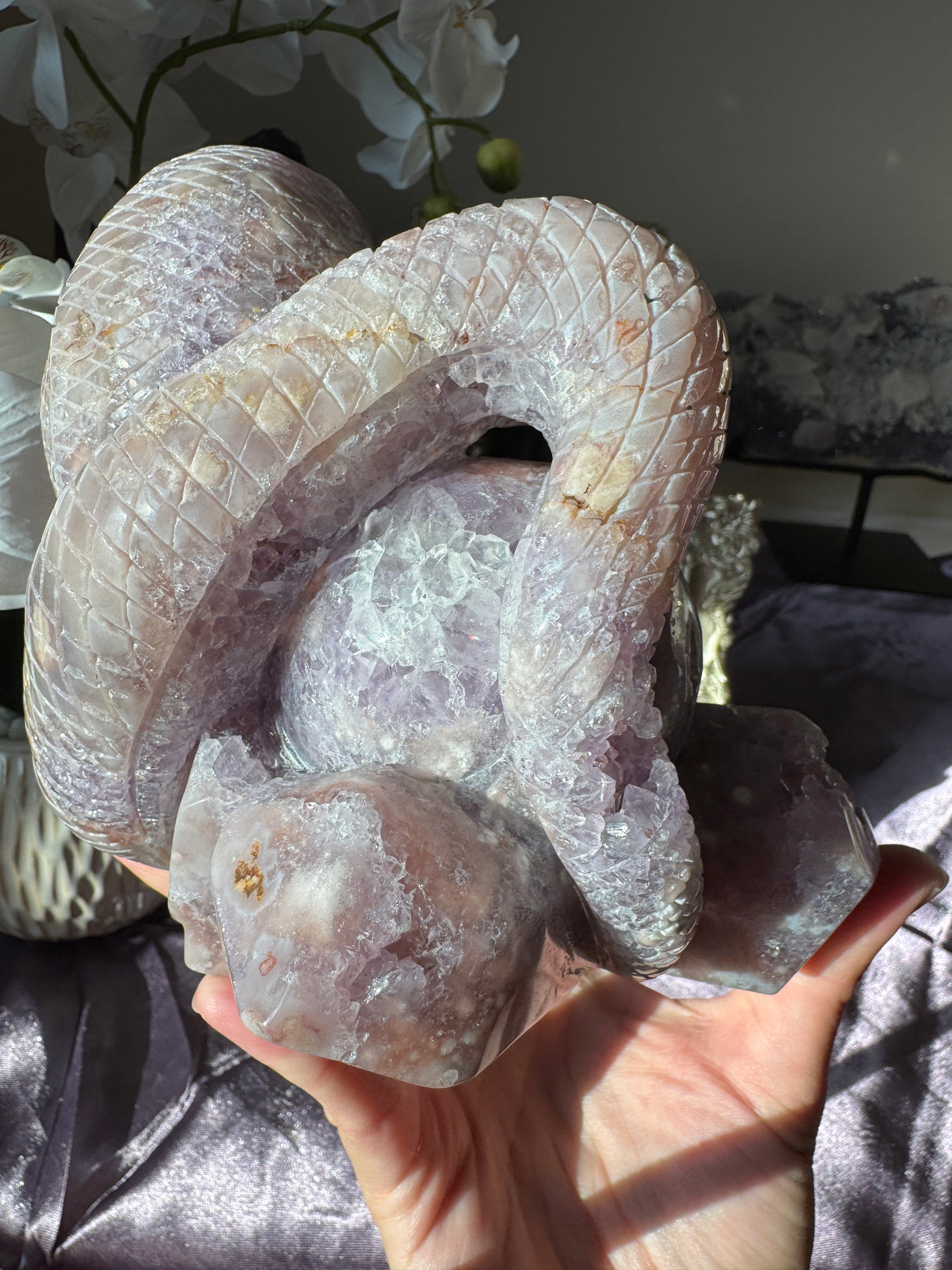 Flower Agate x Amethyst Snake Carving