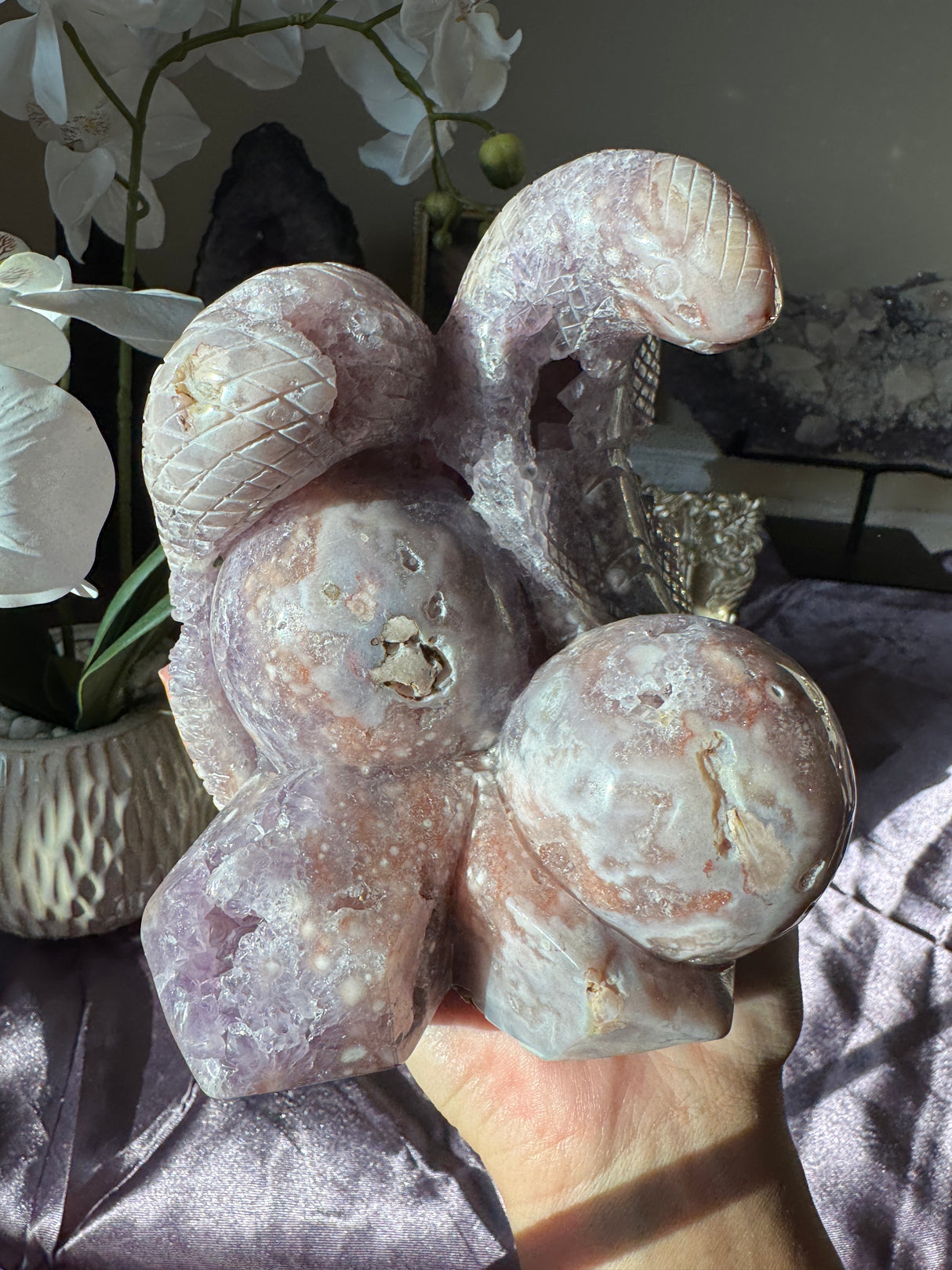Flower Agate x Amethyst Snake Carving