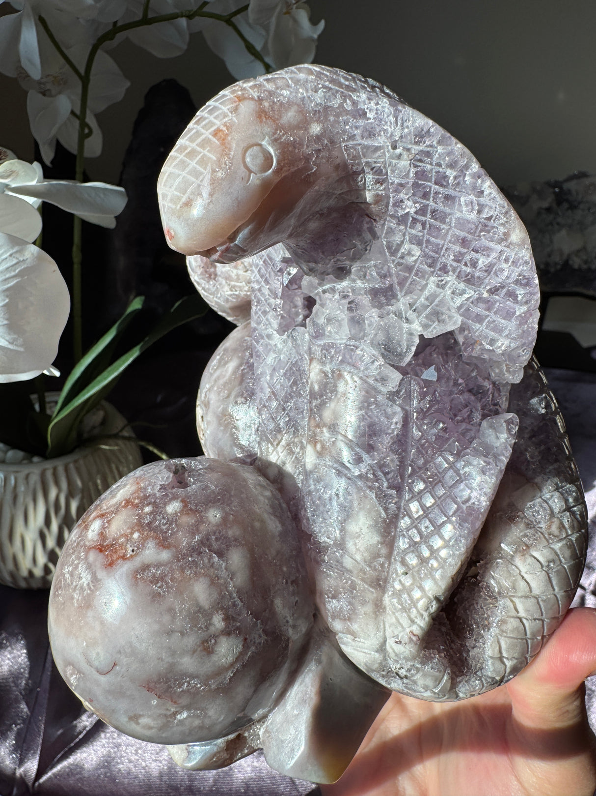 Flower Agate x Amethyst Snake Carving