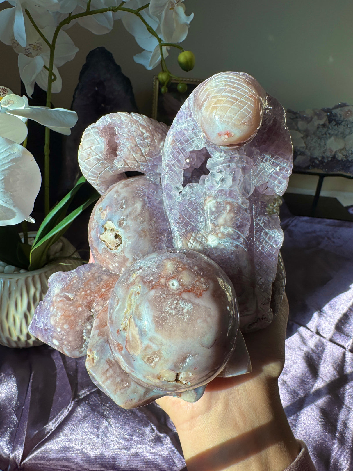Flower Agate x Amethyst Snake Carving