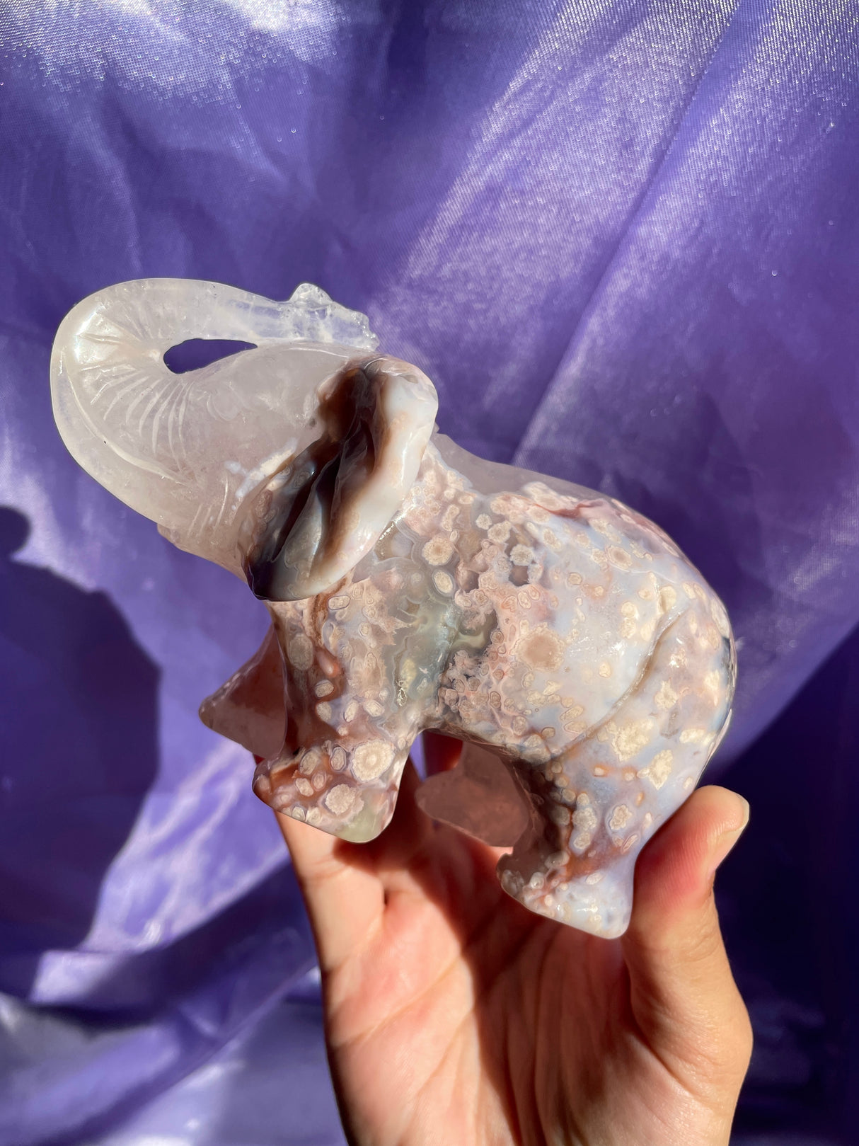 Hand Carved Quartzy Flower Agate Elephant