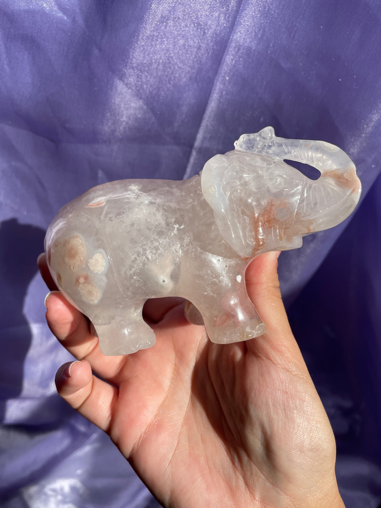 Hand Carved Quartzy Flower Agate Elephant