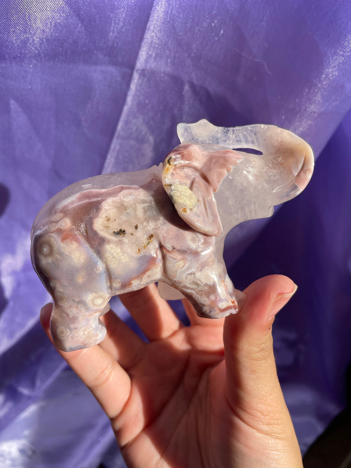 Hand Carved Quartzy Flower Agate Elephant