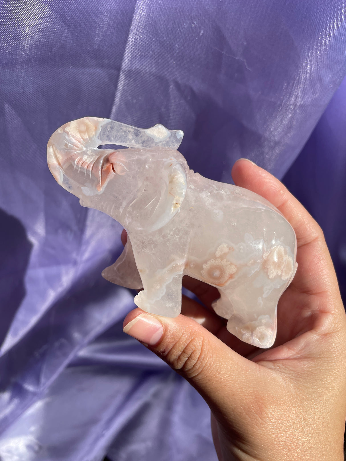 Hand Carved Quartzy Flower Agate Elephant