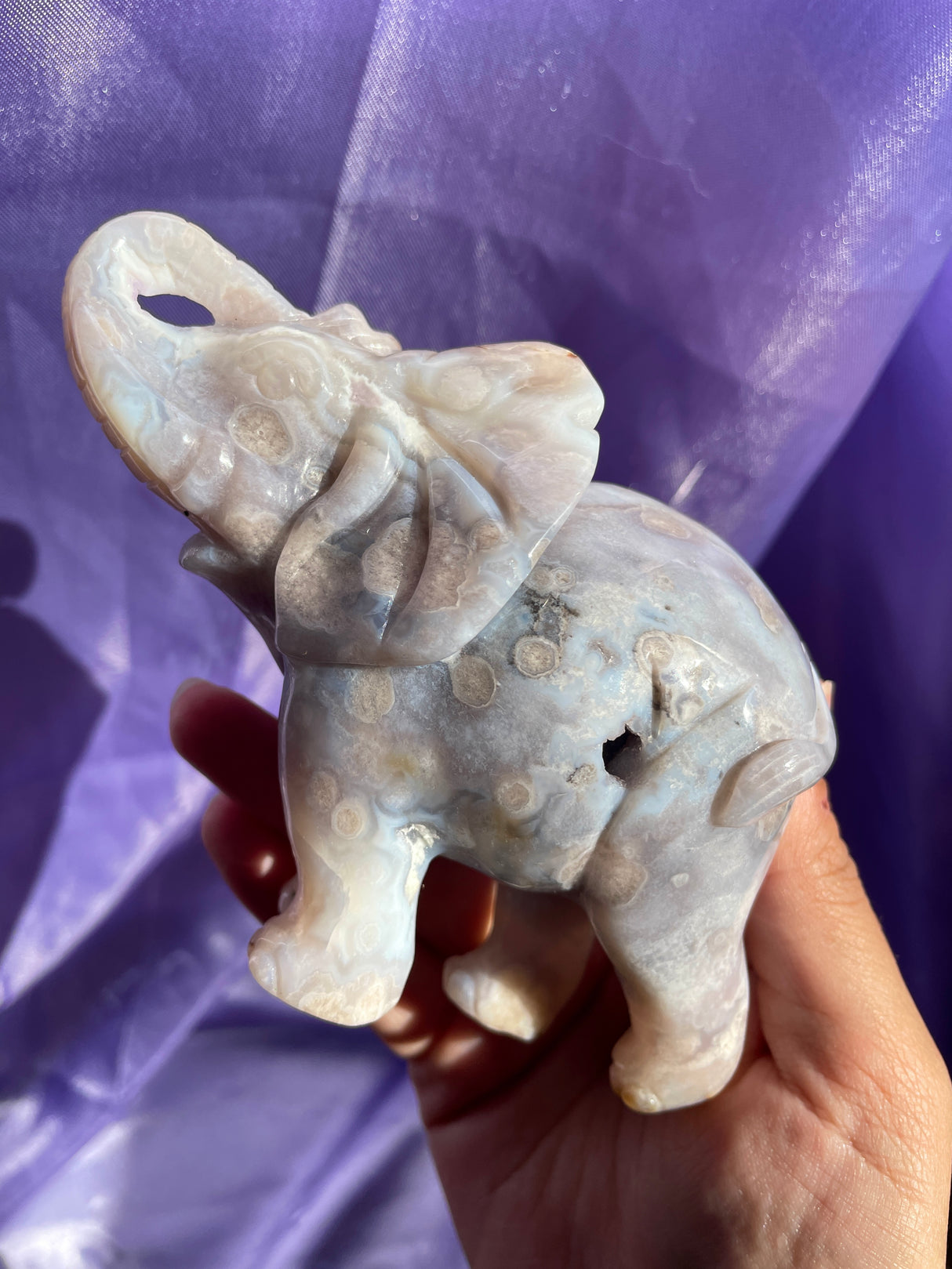 Hand Carved Pastel Blue Flower Agate Elephant