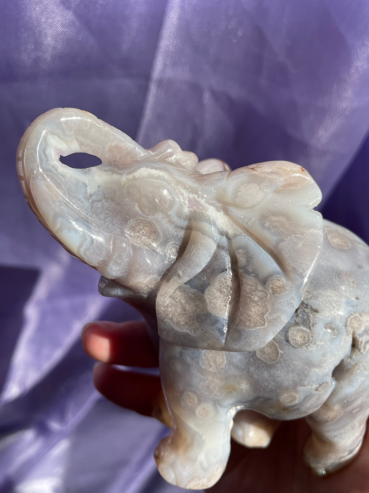 Hand Carved Pastel Blue Flower Agate Elephant