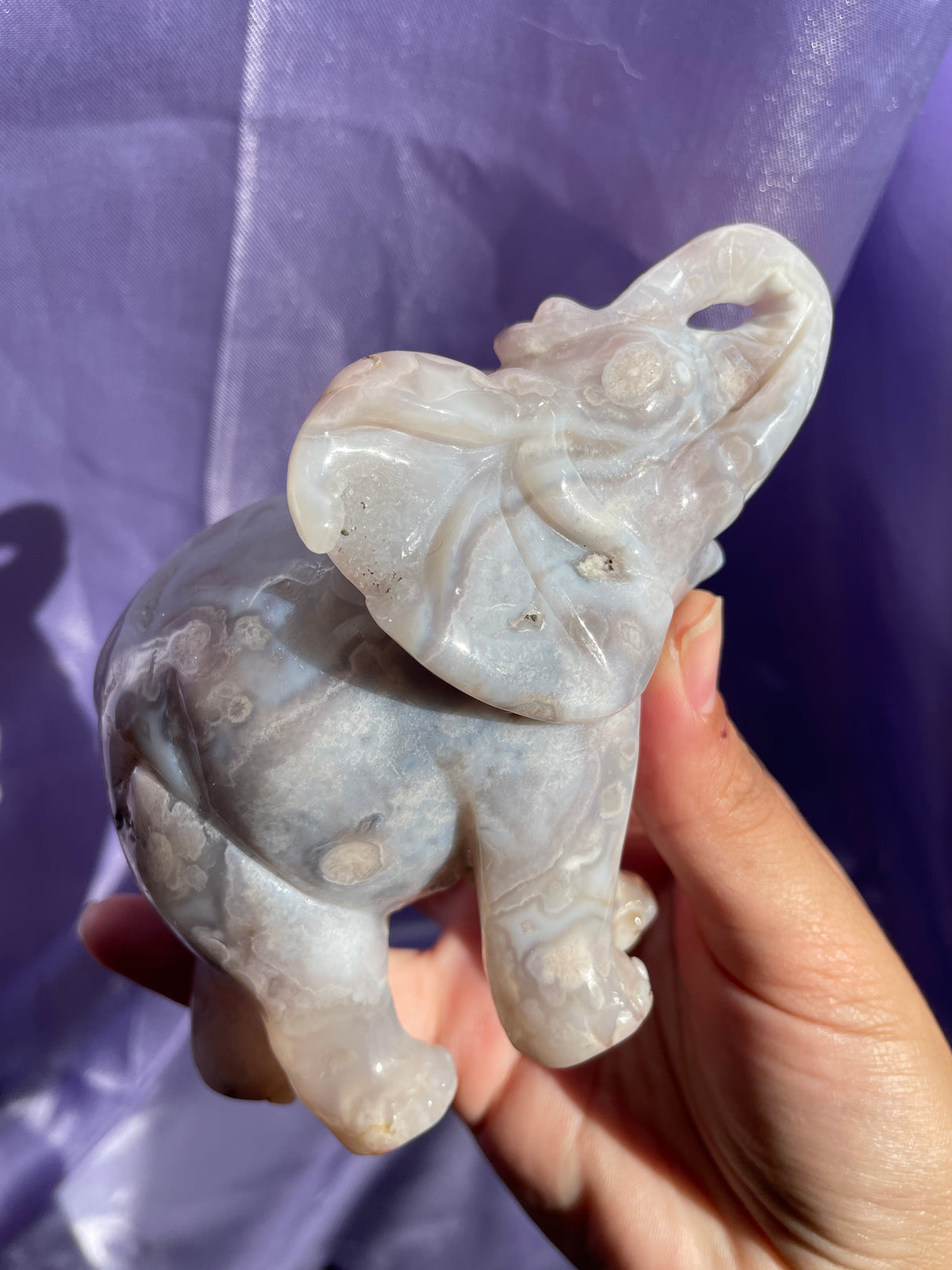 Hand Carved Pastel Blue Flower Agate Elephant