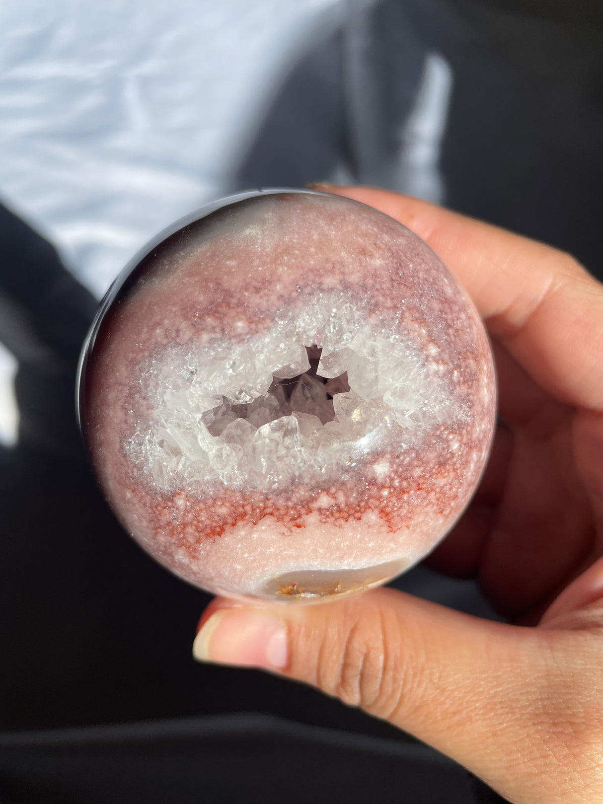 Pink Amethyst x Flower Agate Sphere with Quartz Cave