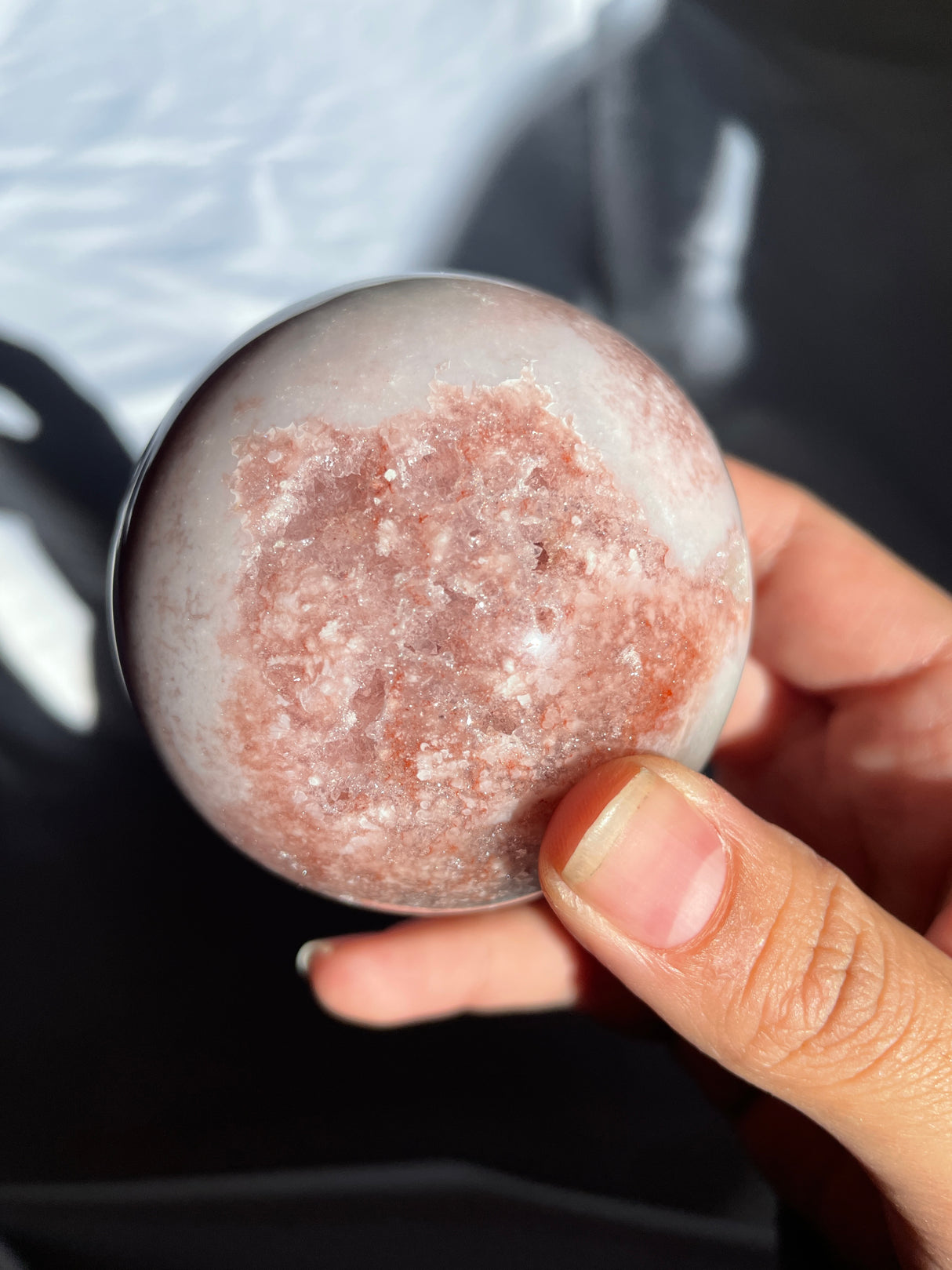 Pink Amethyst x Flower Agate Sphere with Quartz Cave