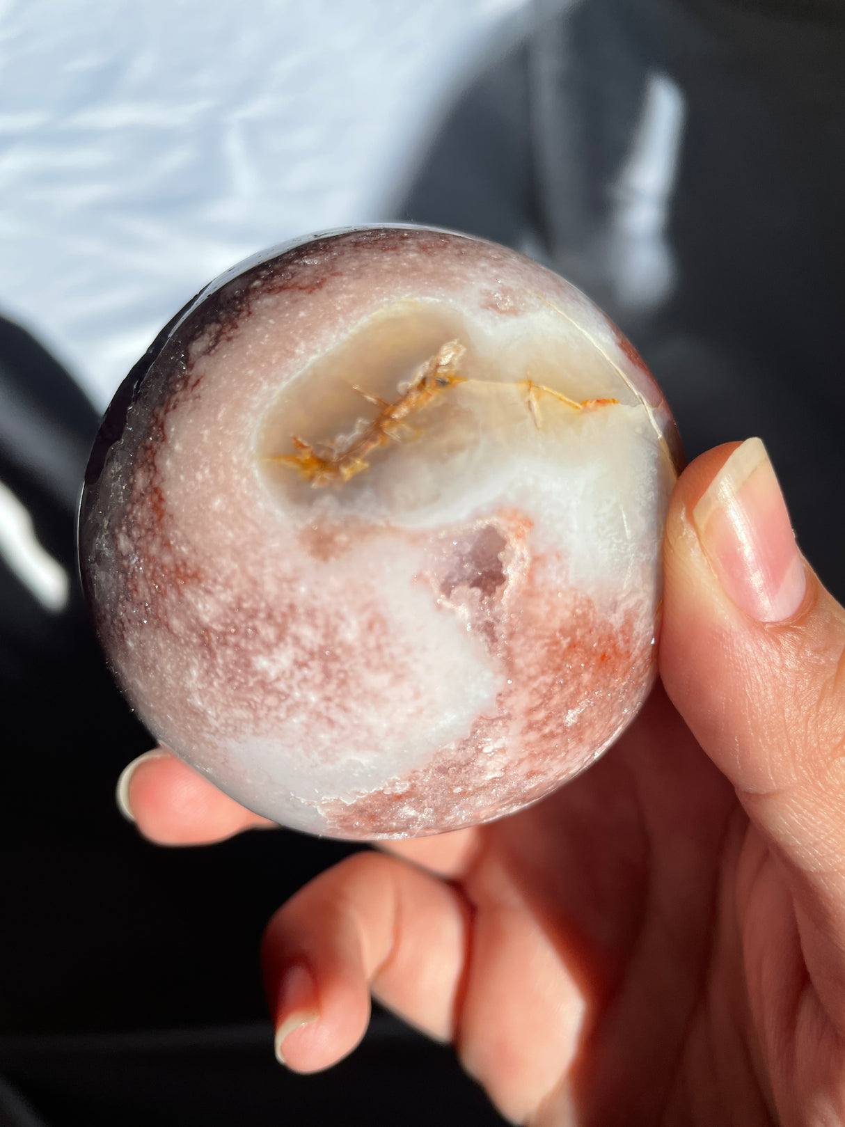 Pink Amethyst x Flower Agate Sphere with Quartz Cave