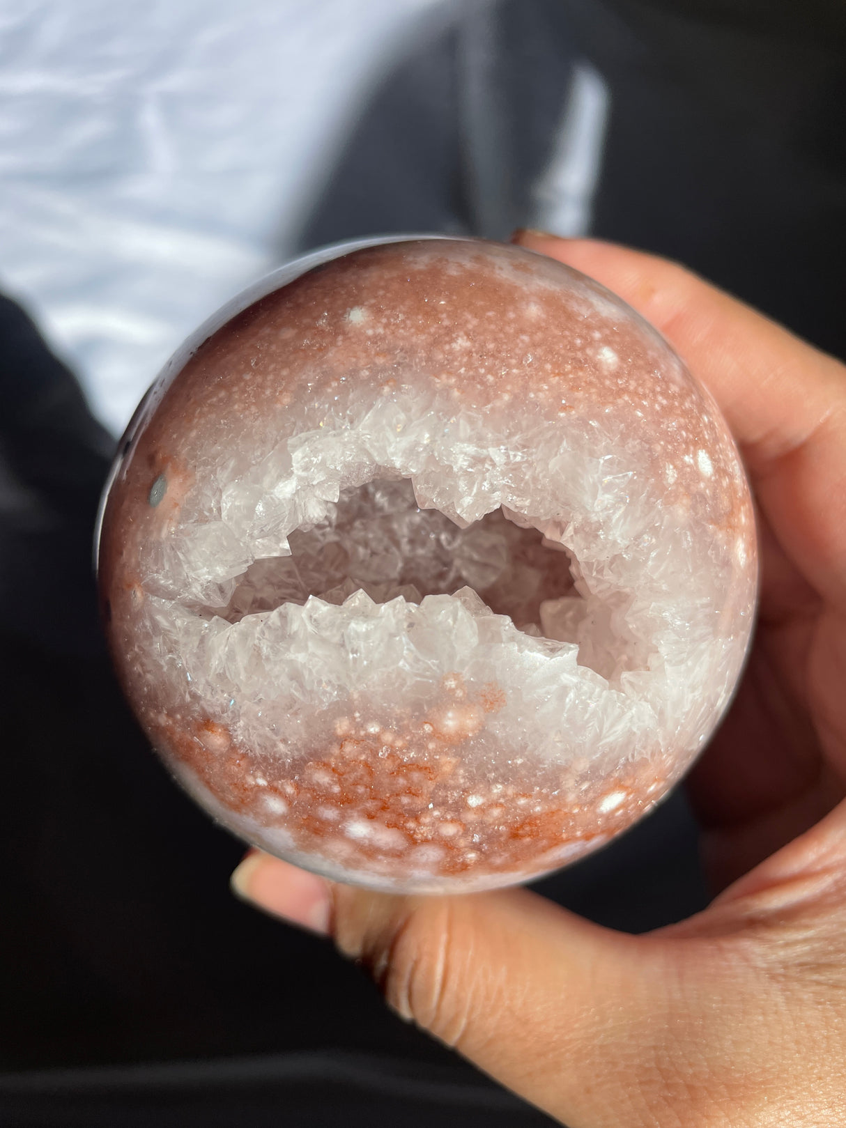 Pink Amethyst x Flower Agate Sphere with Quartz Cave