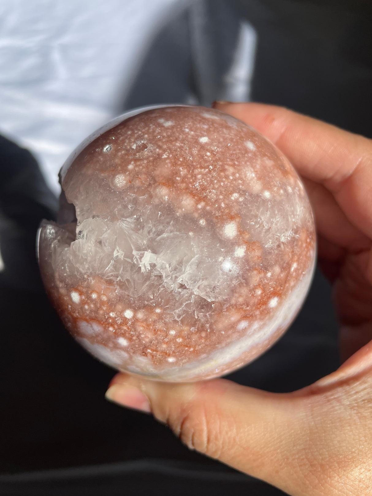 Pink Amethyst x Flower Agate Sphere with Quartz Cave