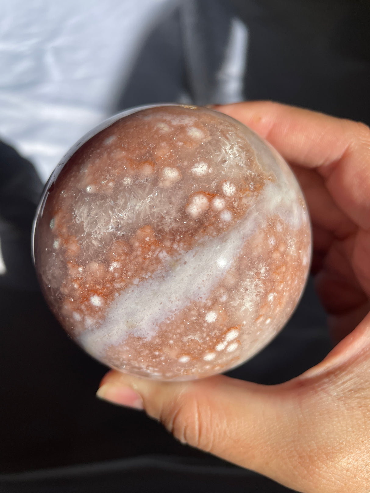 Pink Amethyst x Flower Agate Sphere with Quartz Cave