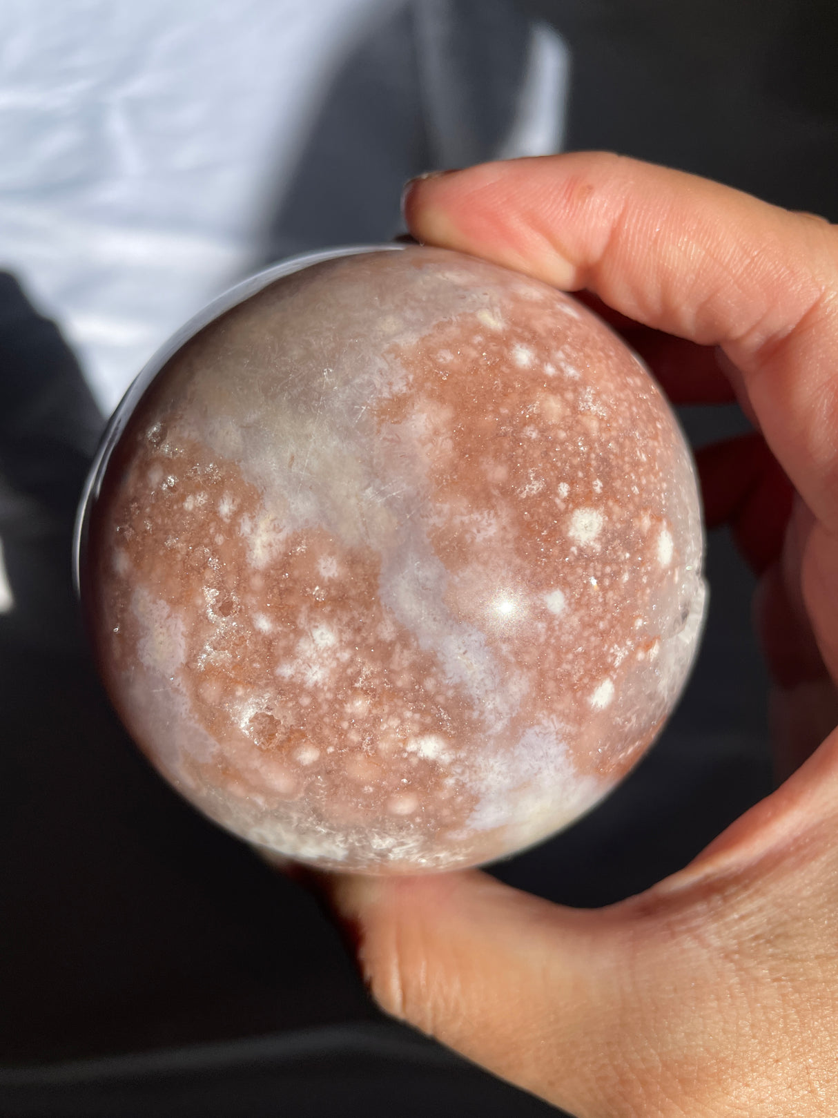 Pink Amethyst x Flower Agate Sphere with Quartz Cave