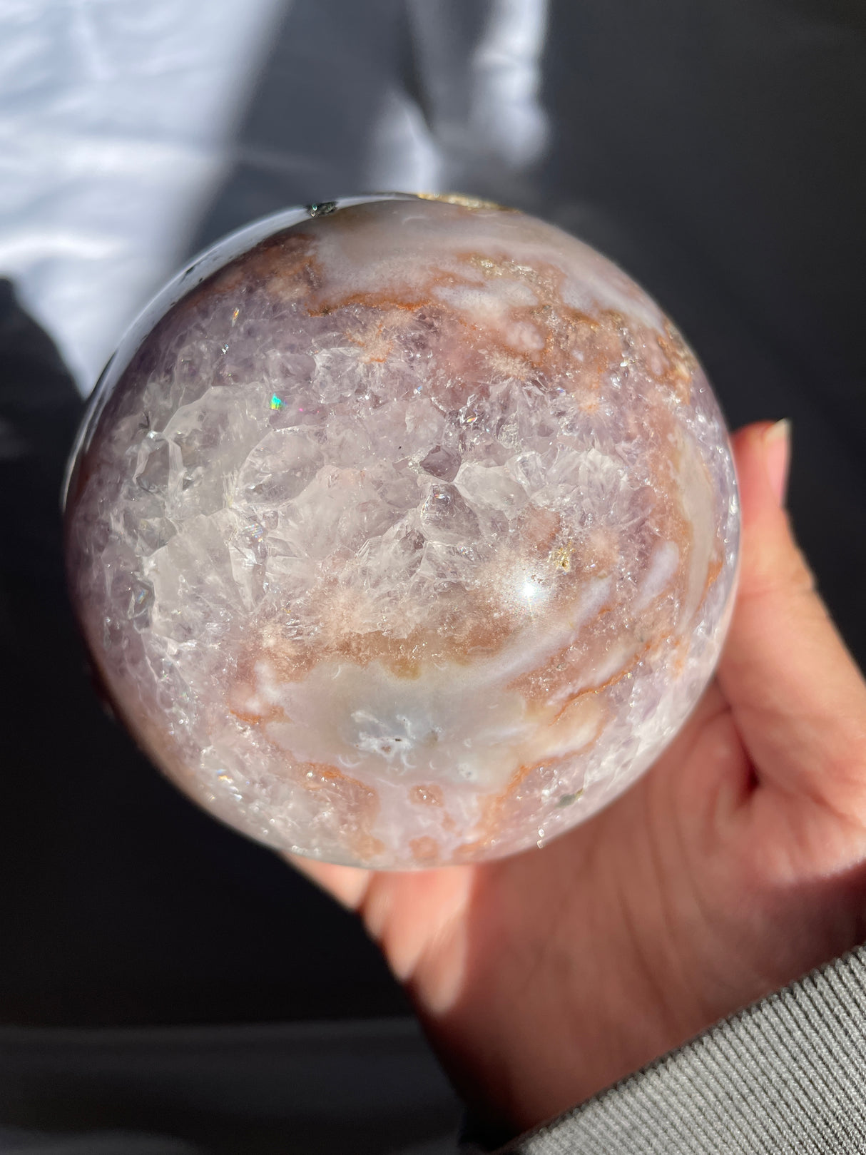 Large Sugar Druzy Flower Agate Sphere with Amethyst