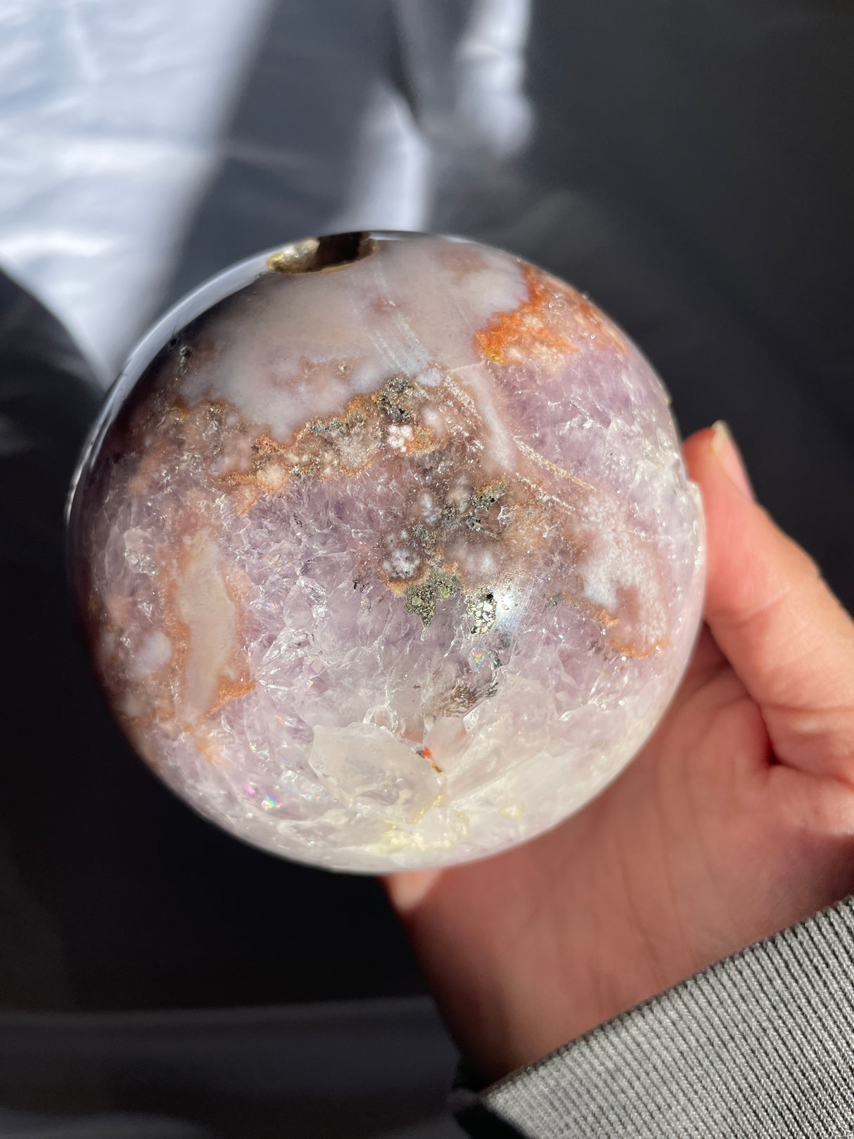 Large Sugar Druzy Flower Agate Sphere with Amethyst