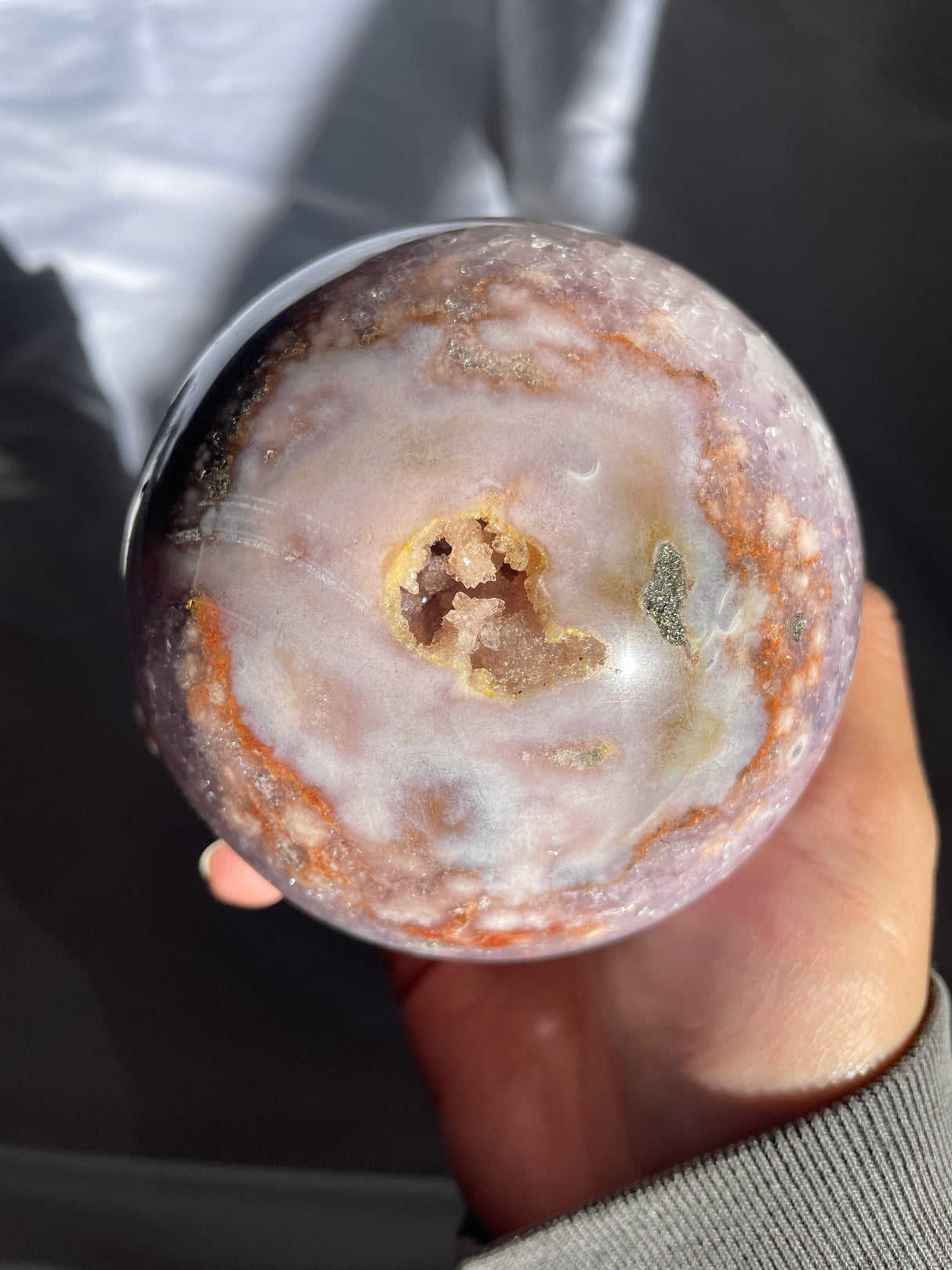Large Sugar Druzy Flower Agate Sphere with Amethyst