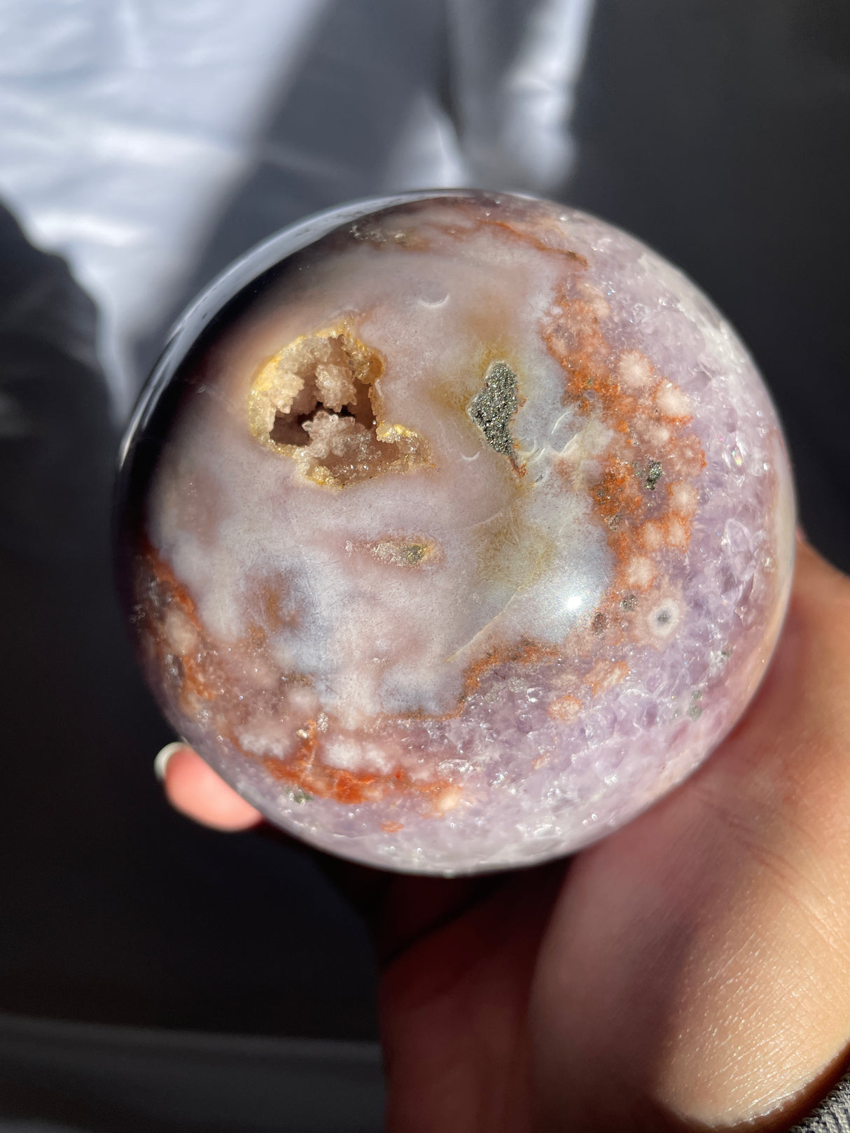 Large Sugar Druzy Flower Agate Sphere with Amethyst