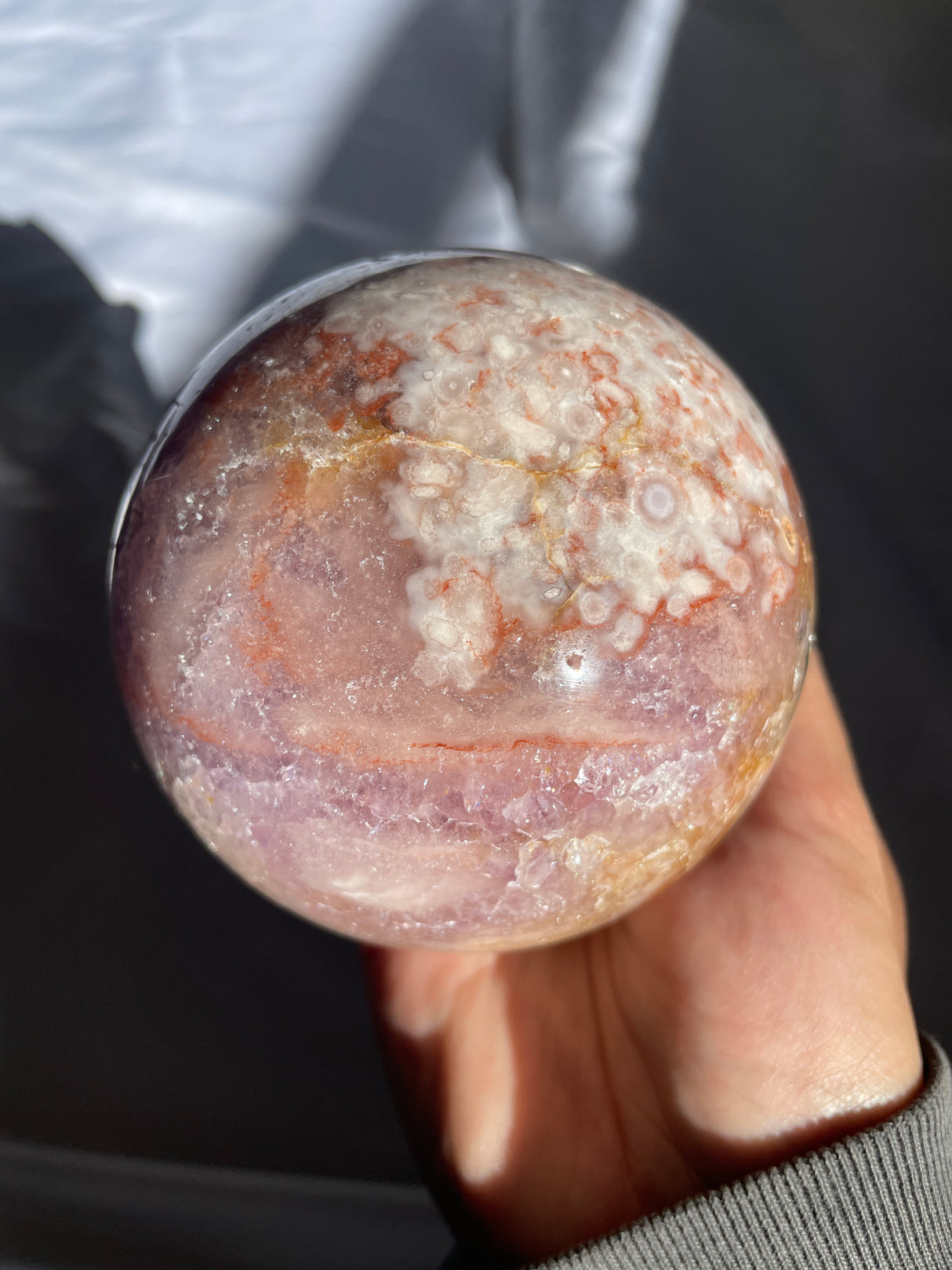 Large Flower Agate Sphere with Amethyst