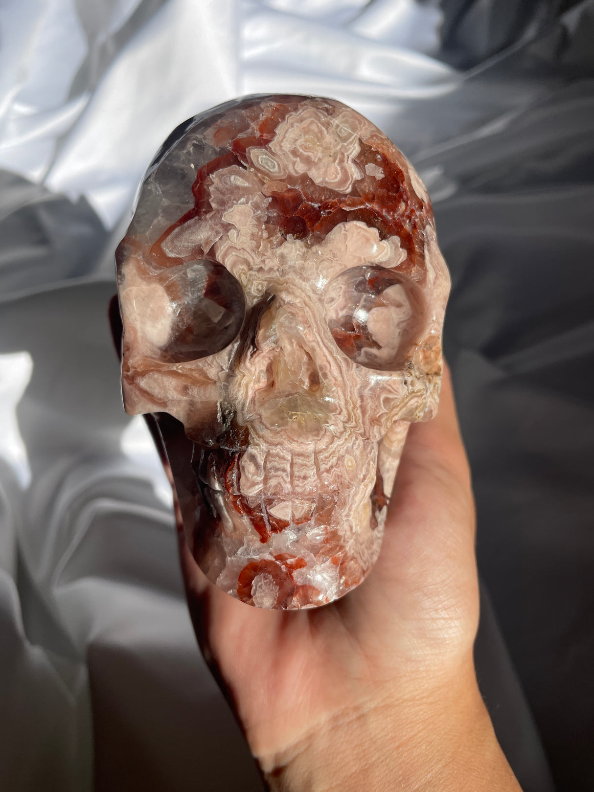 Carnelian Quartz Flower Agate Skull