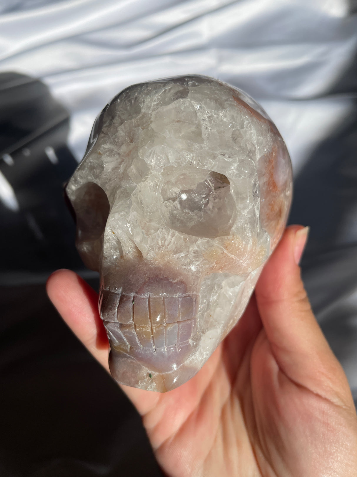 Quartzy Flower Agate Skull with Light Amethyst Cave