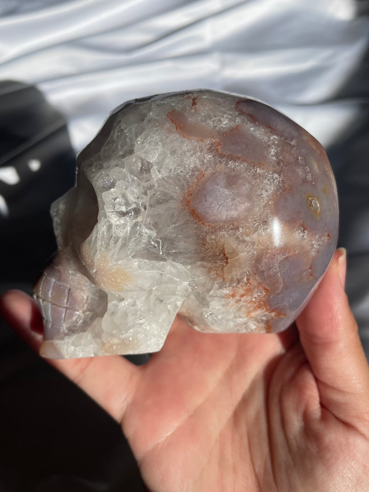 Quartzy Flower Agate Skull with Light Amethyst Cave