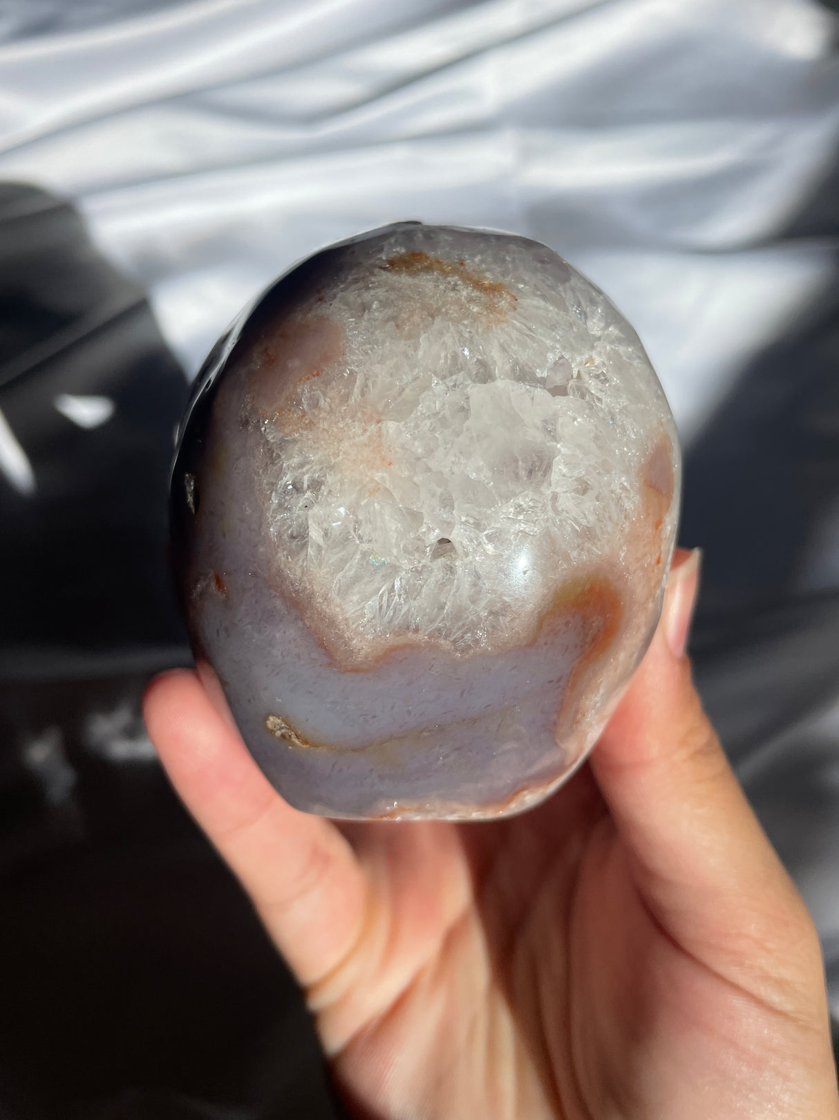 Quartzy Flower Agate Skull with Light Amethyst Cave