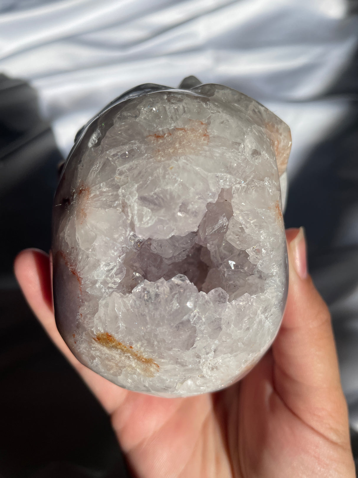 Quartzy Flower Agate Skull with Light Amethyst Cave